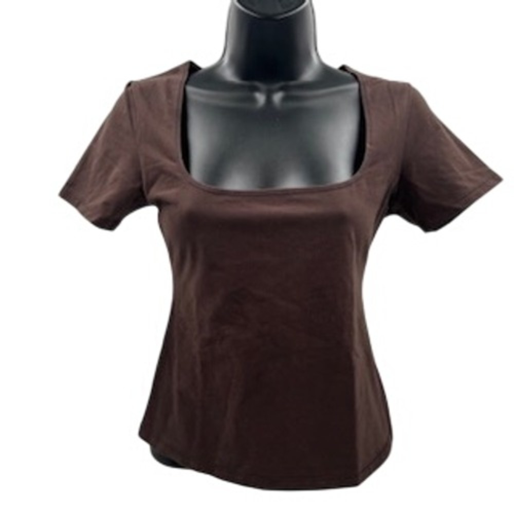 ABONLEN Brown Square Neck Short Sleeve Double Layered Tee Shirt Size M NEW‎